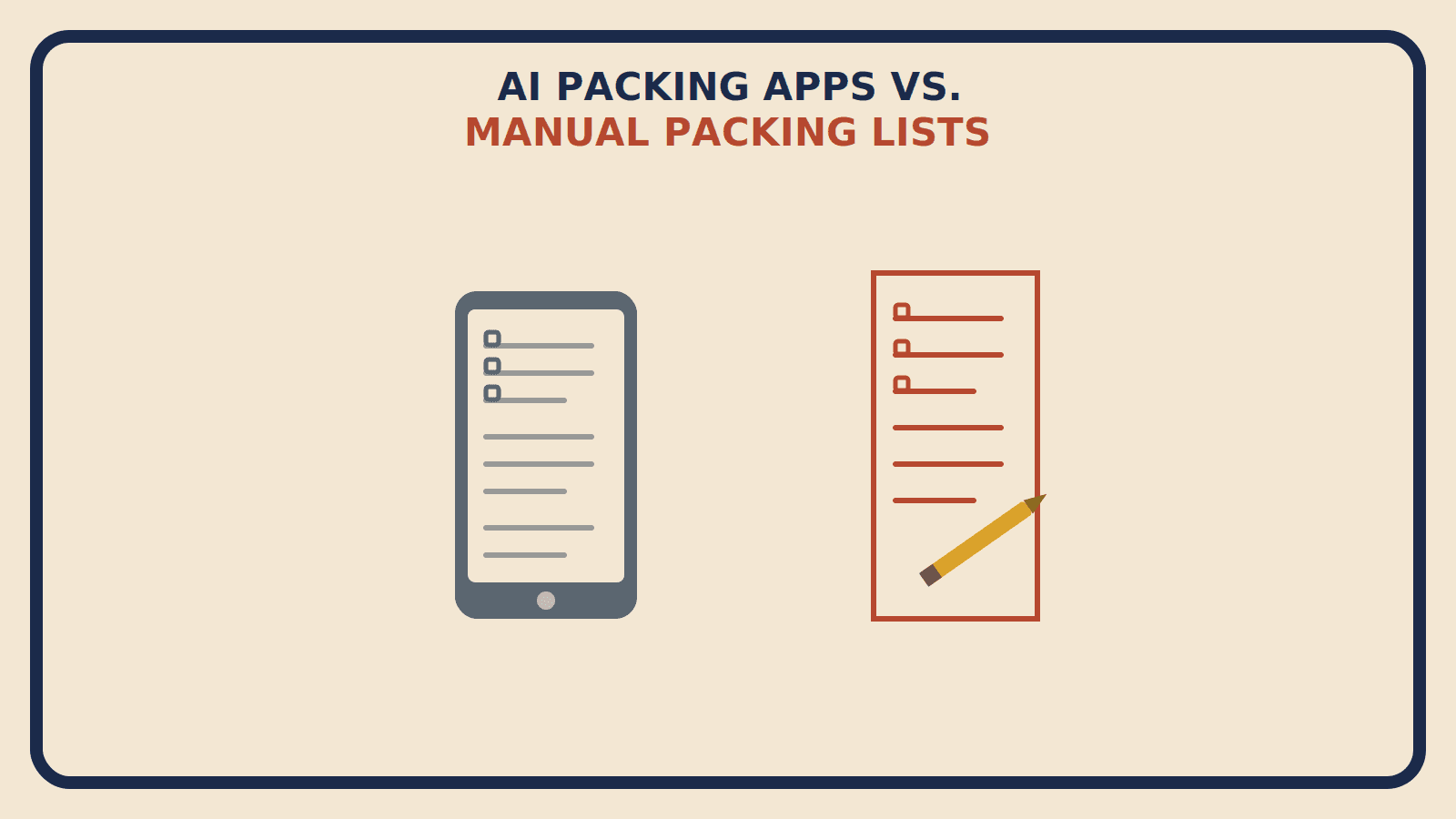 Flat geometric illustration comparing a slate-gray phone with a generic checklist to a rust-red paper and pencil checklist, titled AI Packing Apps vs Manual Packing Lists