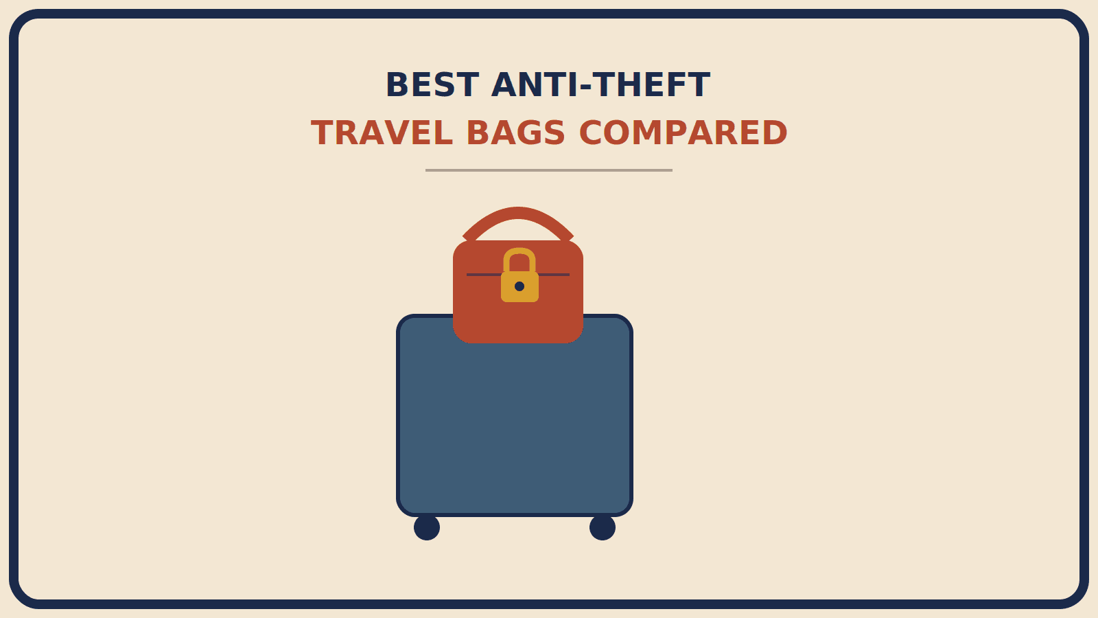 Closed suitcase with a rust-red crossbody bag resting on top, showing a mustard-gold padlock icon at its zipper