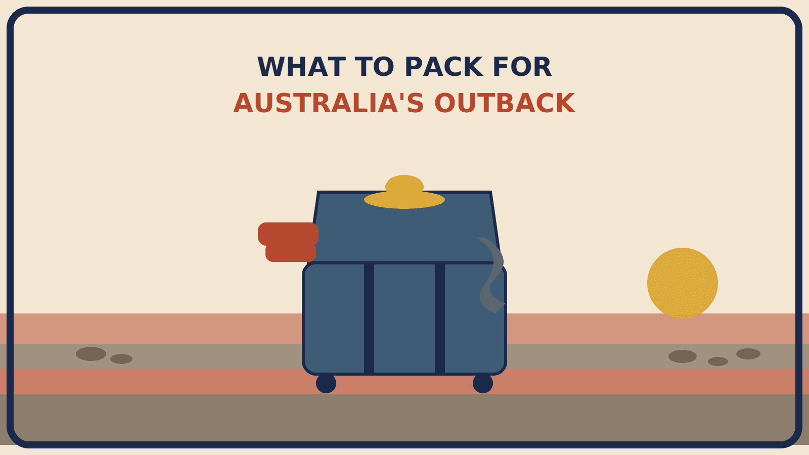 Open suitcase with a wide-brimmed hat, folded fleece, and draped sarong, set against abstract red-earth bands and a low sun