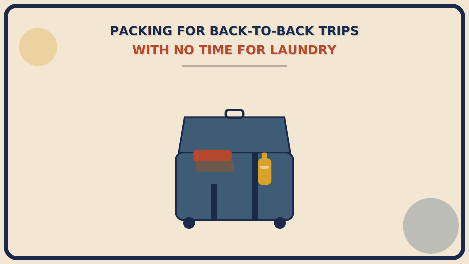 Half-open suitcase with folded tops in a tight rust-red, muted-brown, and steel-blue palette, and a small travel-soap bottle tucked in one corner