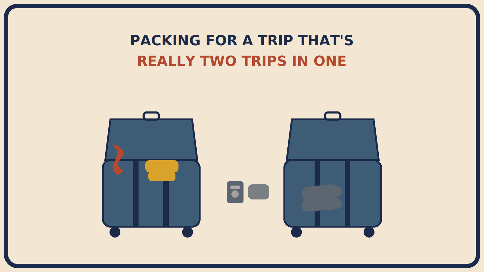 Two suitcases positioned back to back, one with a rust-red scarf draped over the edge and a mustard-gold thin sweater folded beside it, shoe shapes and a passport and pouch nearby