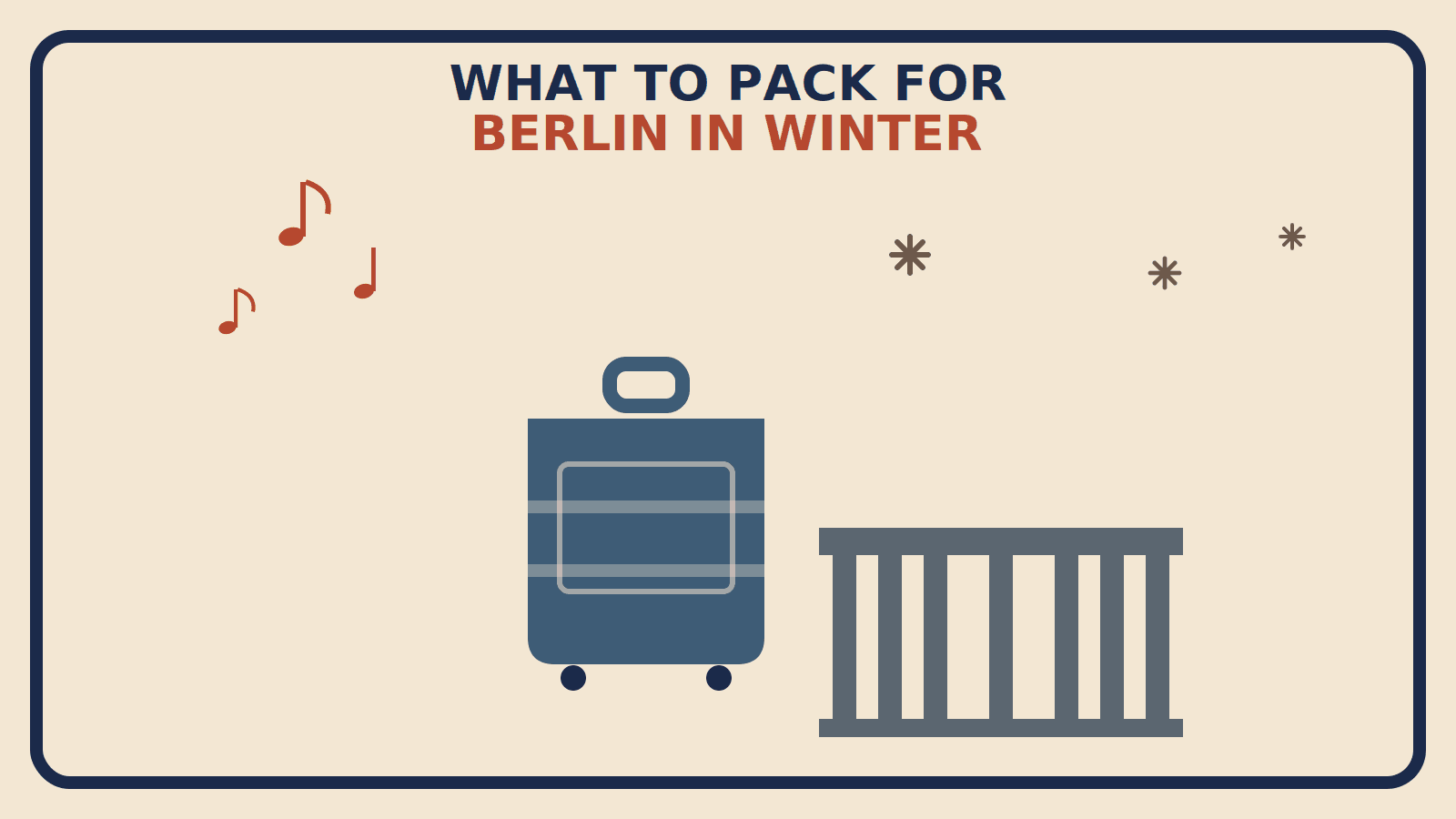 Flat geometric suitcase illustration with a slate-gray Brandenburg Gate inspired column motif, muted brown snowflakes, and rust-red music notes