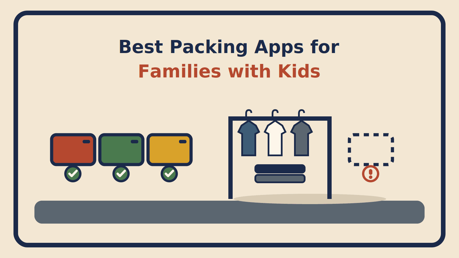 Three color-coded kids' packing cubes marked complete beside a parent's garment rack and an empty, unpacked cube