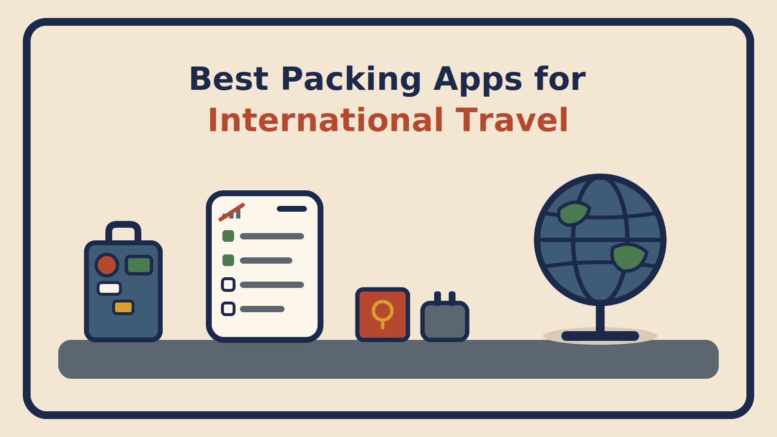 Sticker-covered suitcase, a phone showing a packing list with no signal, a passport, a plug adapter, and a globe