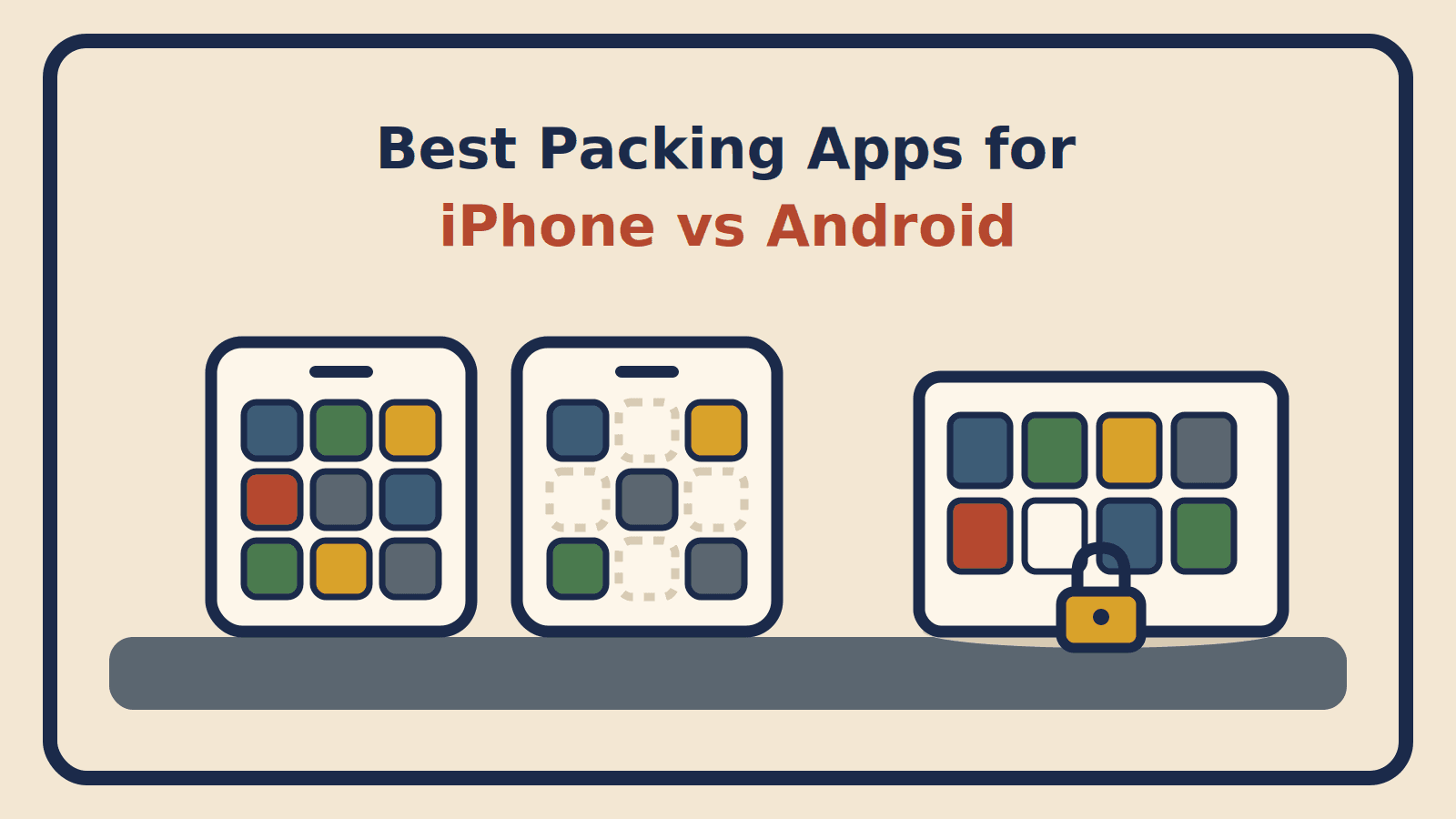 Two phone screens, one with a full grid of apps and one with empty slots, beside a wardrobe catalog behind a padlock