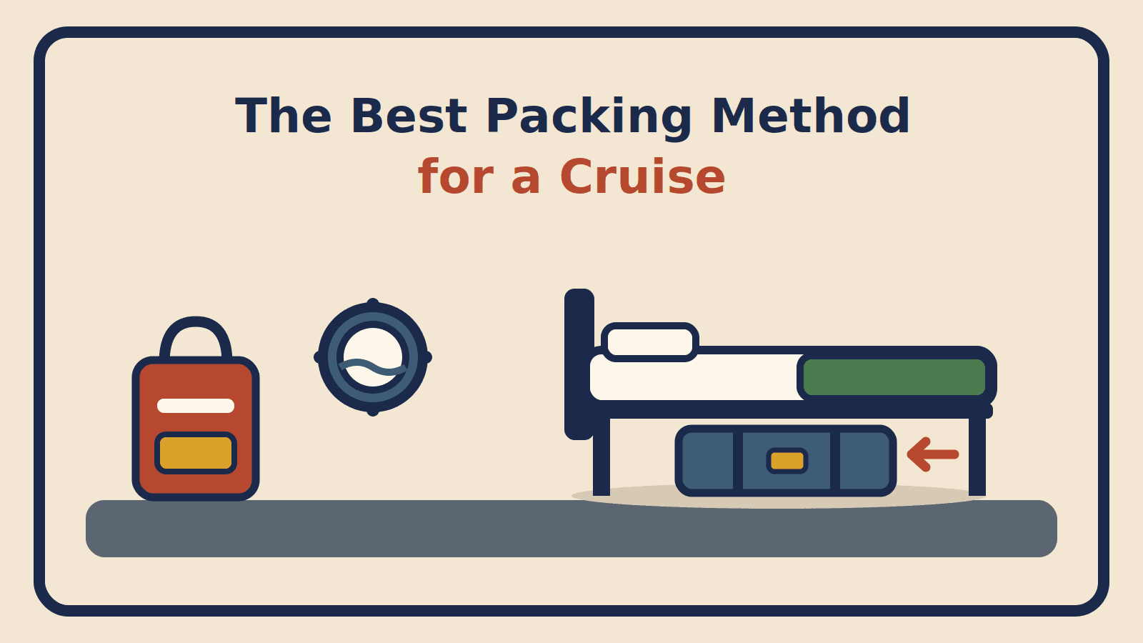 An embarkation day bag and a porthole beside a cabin bed with a suitcase sliding underneath