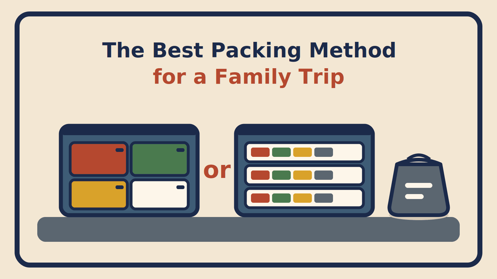 Two open suitcases side by side, one packed with a colored cube per person and one with day cubes holding everyone's outfits, beside a laundry sack