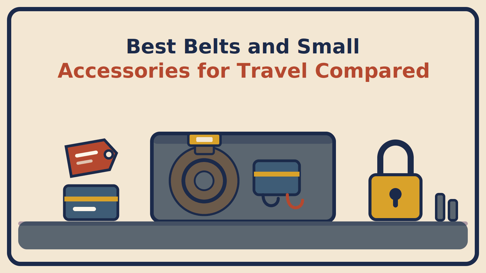 Illustration of a coiled belt in a security bin alongside a cable roll, luggage tag, card sleeve, padlock and collar stays, with the title Best Belts and Small Accessories for Travel Compared