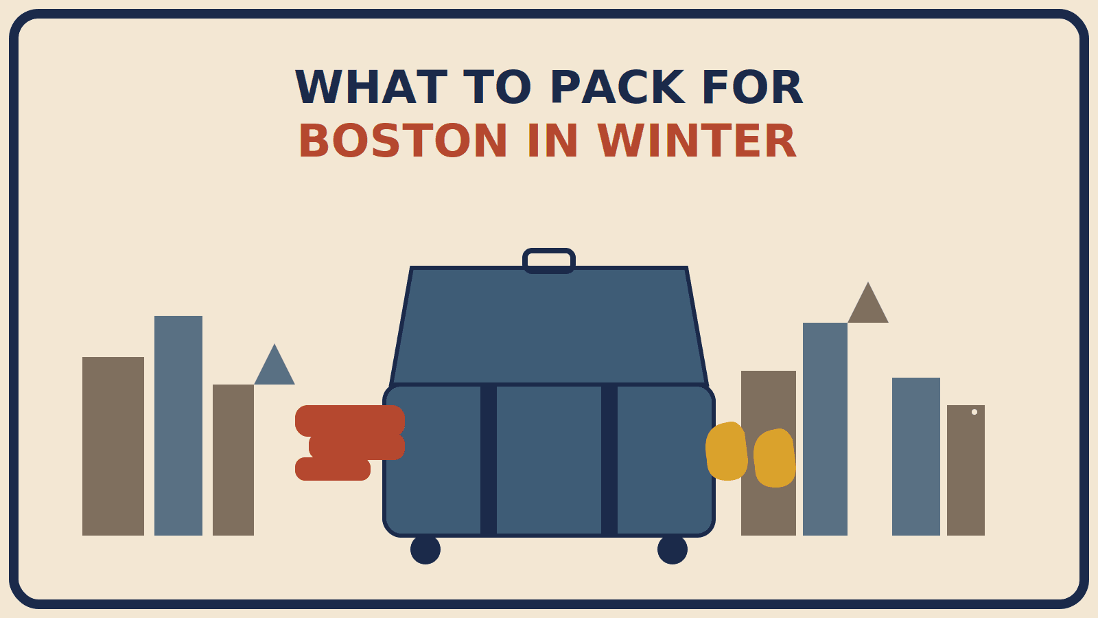 Illustration of a winter travel suitcase with a waterproof coat, winter boots, scarf, snowflake, and a simplified Boston skyline representing what to pack for Boston in winter.