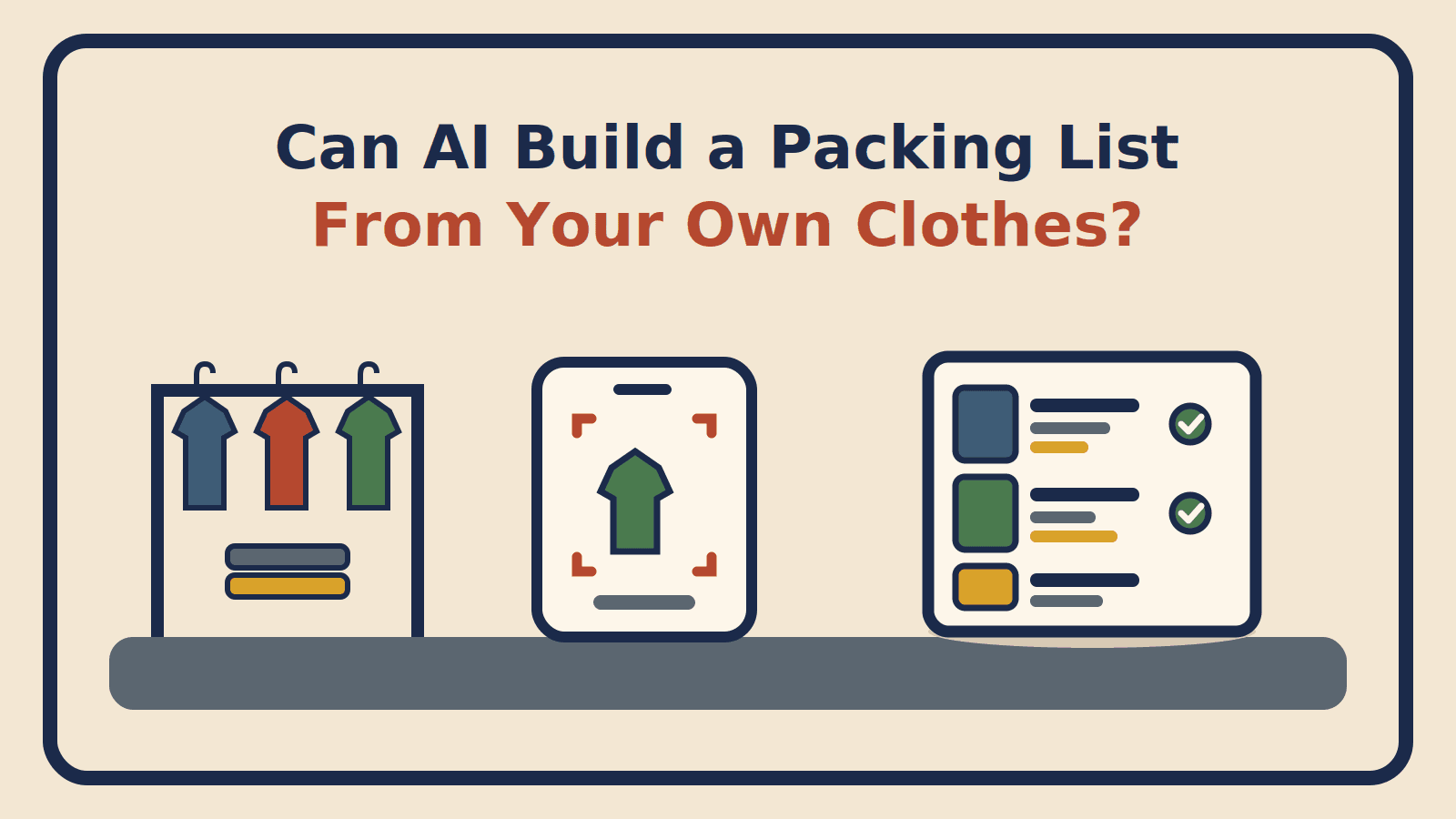 A rack of real clothes, a phone scanning a garment, and a list of recognised items with attributes and confirmation checks