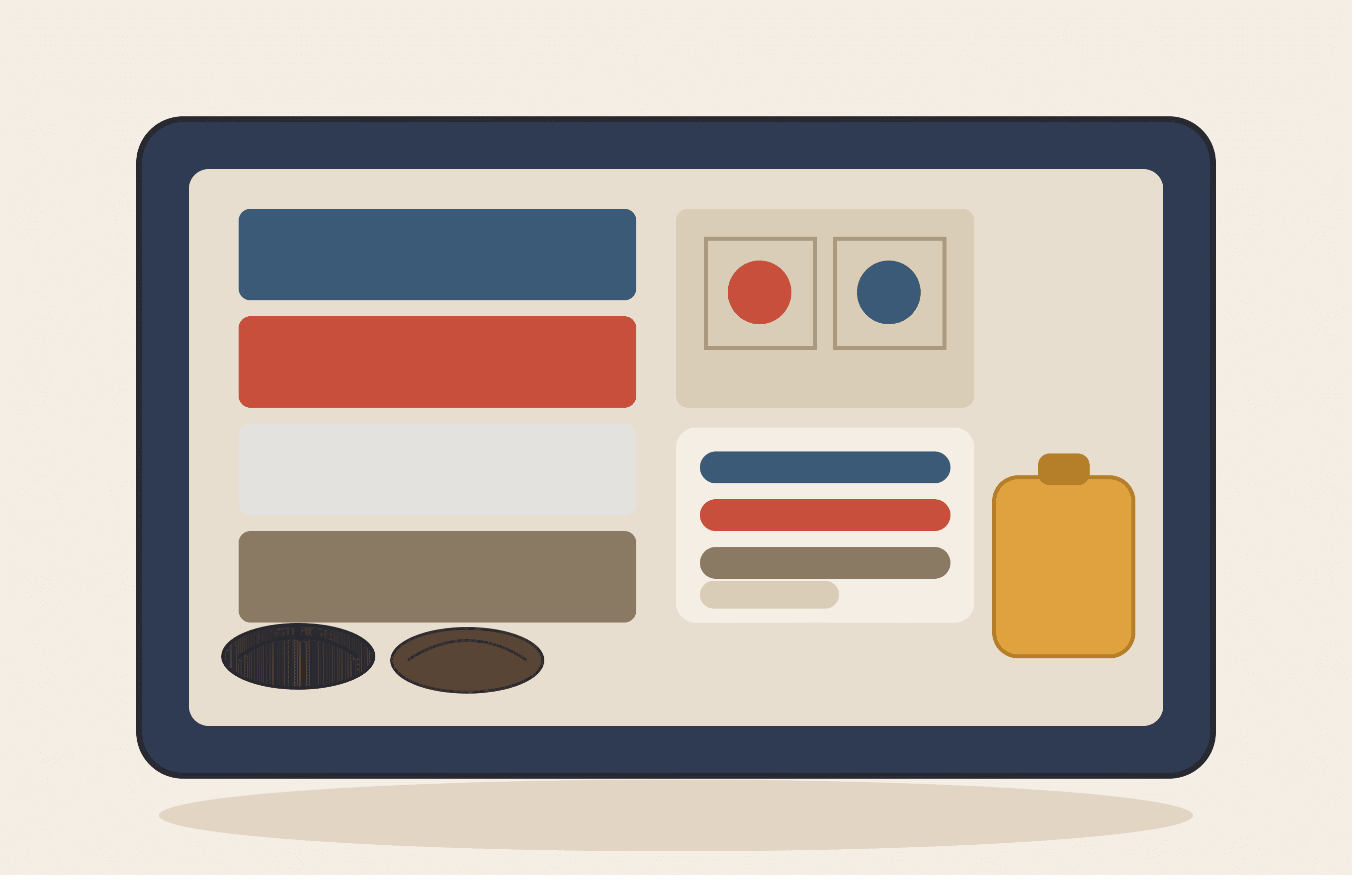 Folded clothing bars, a passport card, pin buttons, a toiletry pouch, and two shoes packed in a suitcase illustration.