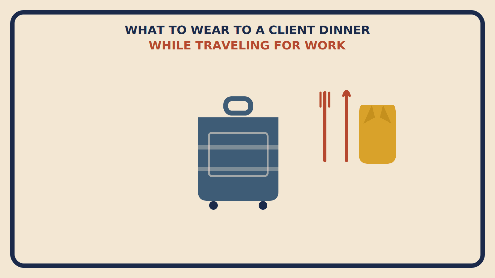 Flat geometric suitcase with a rust-red place-setting motif and a mustard blazer-lapel silhouette beside it