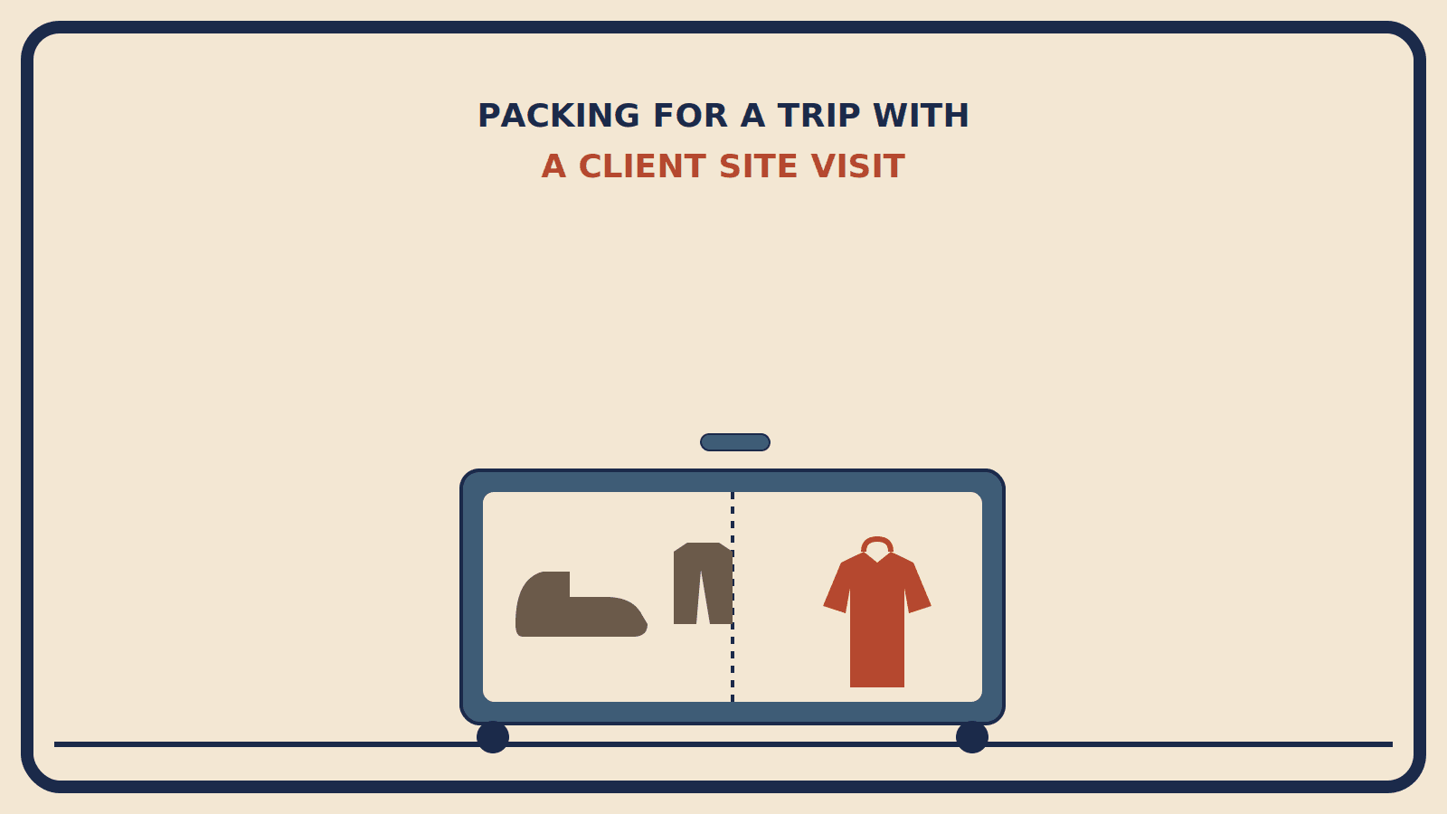 Suitcase split into two zones: a muted brown work boot and vest on one side, a folded rust-red blazer on the other