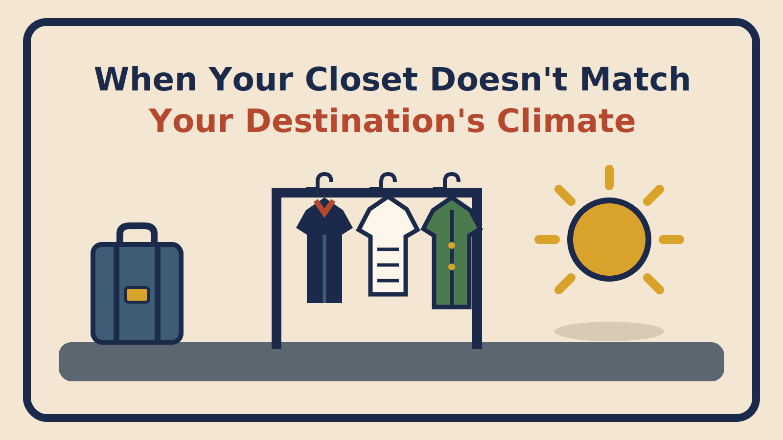 Illustration of a suitcase beside a garment rack of heavy coats and sweaters with a bright sun nearby, for a packing guide about climate mismatch