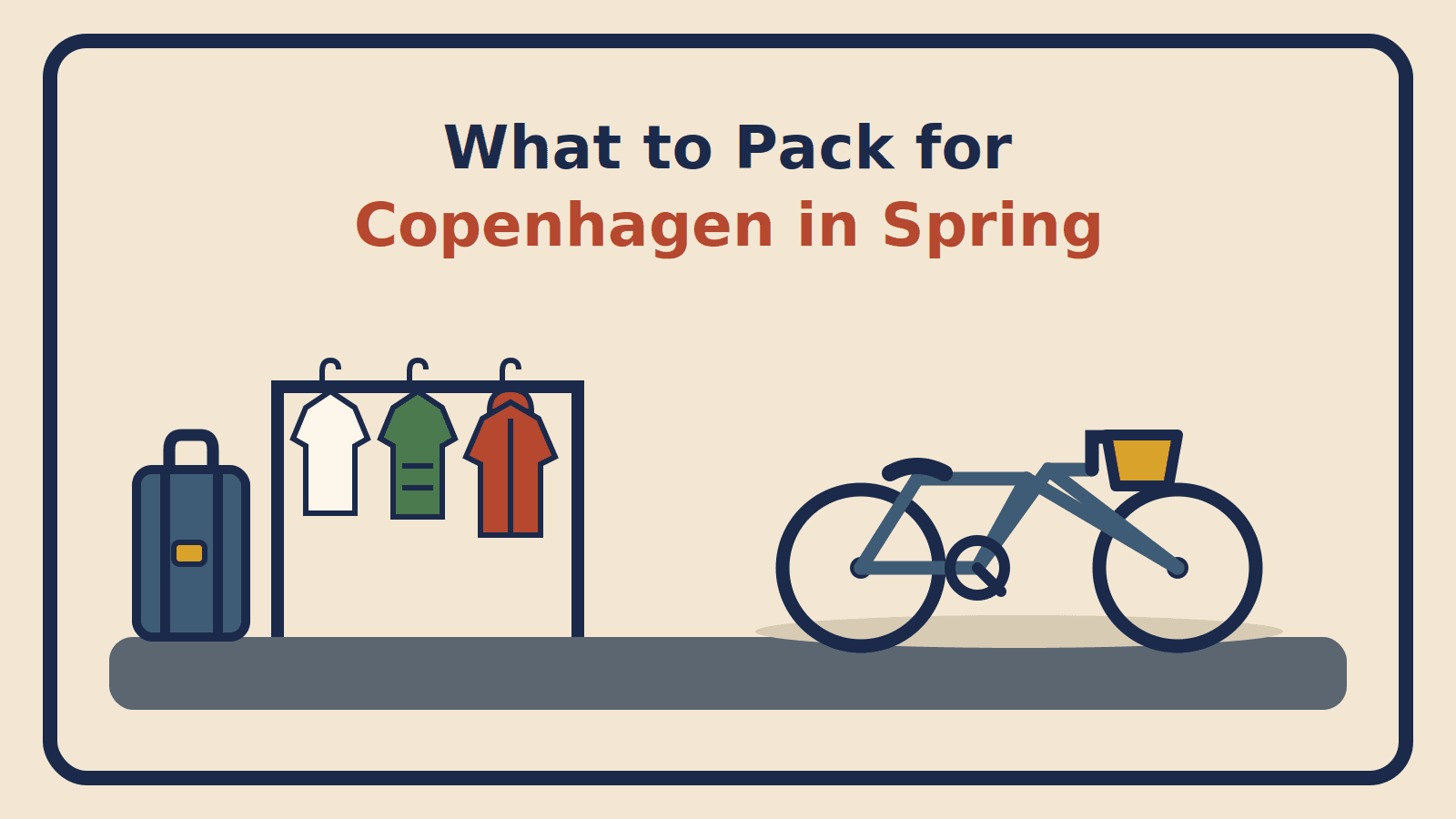 A base layer, knit and hooded shell on a garment rack beside a suitcase and a city bicycle with a front basket