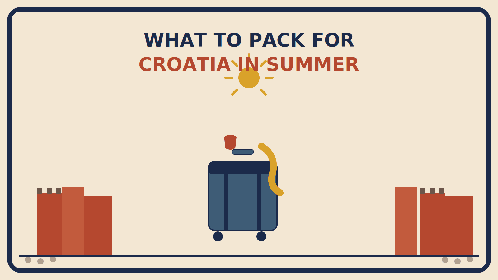 Suitcase with a swimsuit and draped cover-up in front of Dubrovnik-style terracotta rooftops and fortress walls under a sun motif
