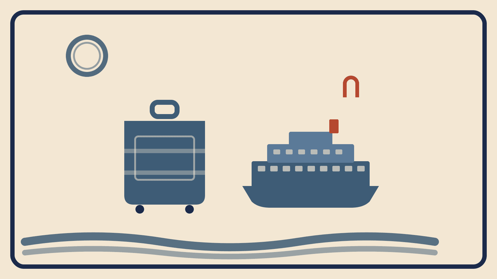 Flat geometric illustration of a steel-blue cruise ship on wave shapes beside a suitcase with a slate-gray porthole and a rust-red hook icon