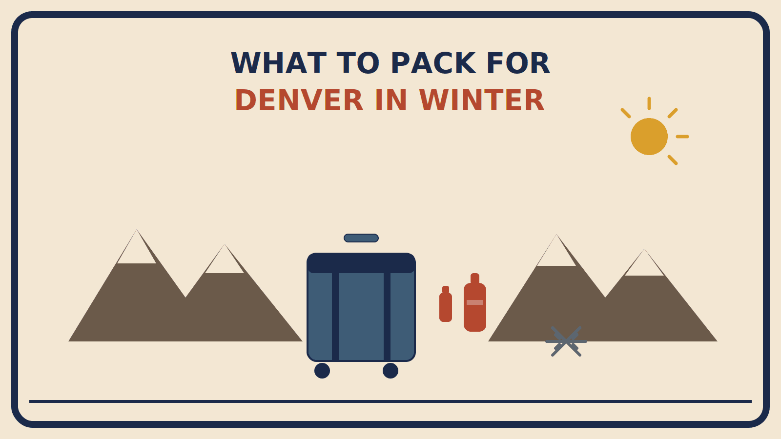 Suitcase between a lip balm and water bottle, in front of two snow-capped mountain ranges under a sun and a snowflake accent