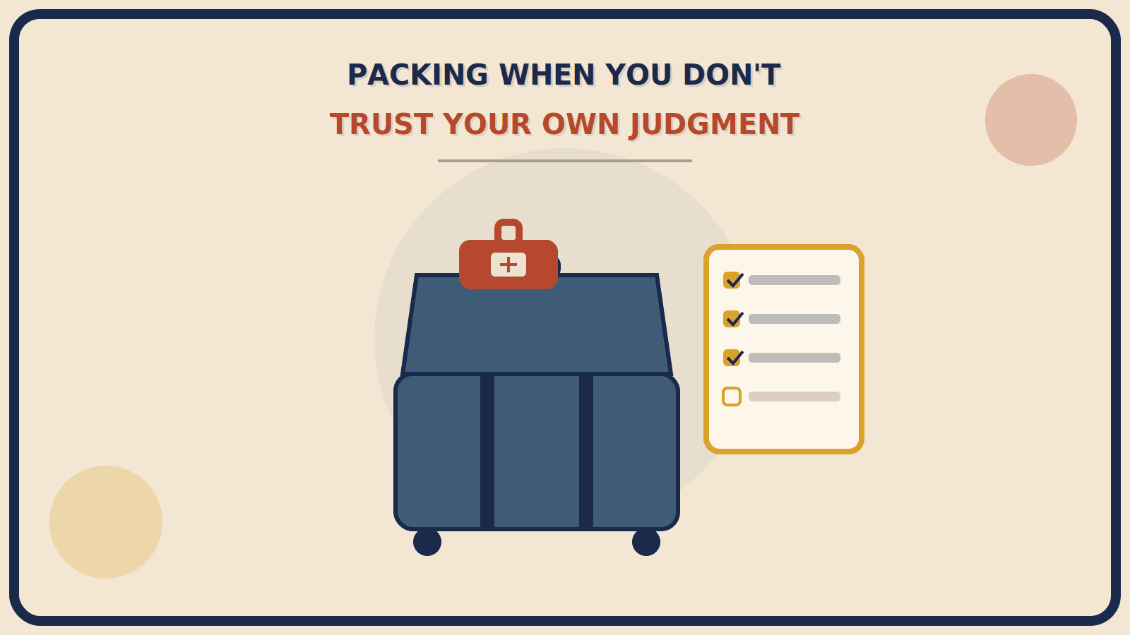 Open suitcase with a mustard-gold checklist showing checked boxes beside it and a rust-red luggage scale resting on top