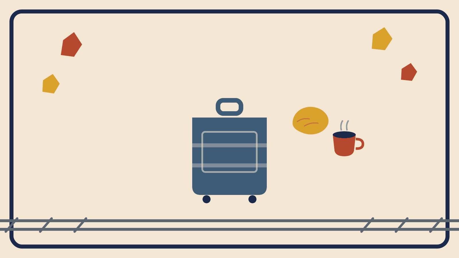 Flat geometric suitcase illustration with slate-gray train tracks, rust-red and mustard falling leaves, a croissant, and an espresso cup