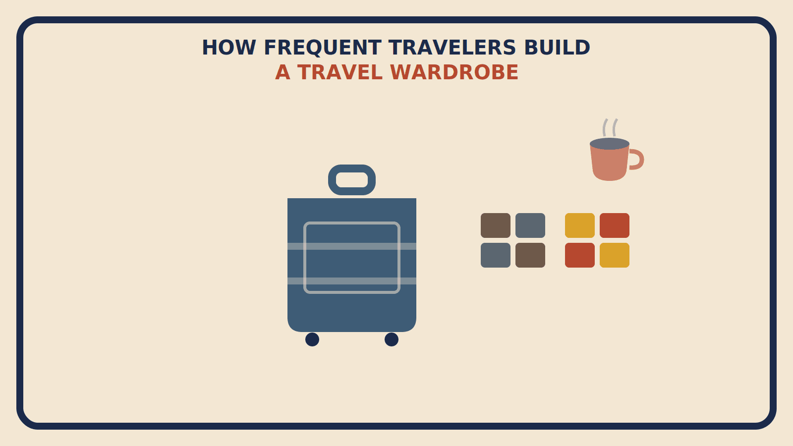 Flat geometric suitcase and an espresso cup in the background with two clusters of clothing shapes, one muted brown and slate-gray, one mustard and rust-red