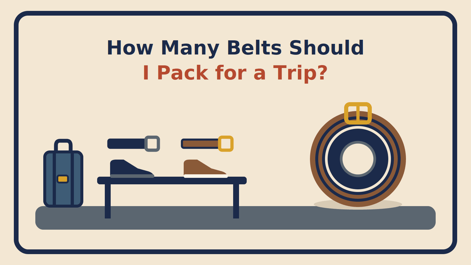 A black shoe with a black belt and a brown shoe with a brown belt on a counter, beside a suitcase and a coiled two-tone reversible belt