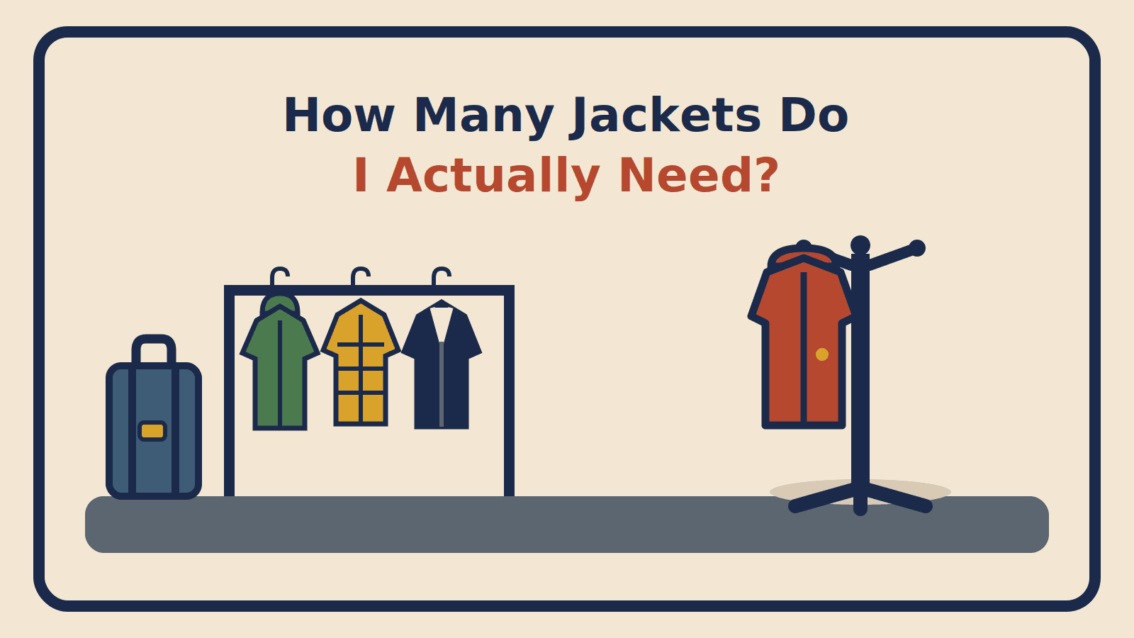 A shell, an insulated jacket and a blazer on a garment rack beside a suitcase, with a single coat on a coat tree