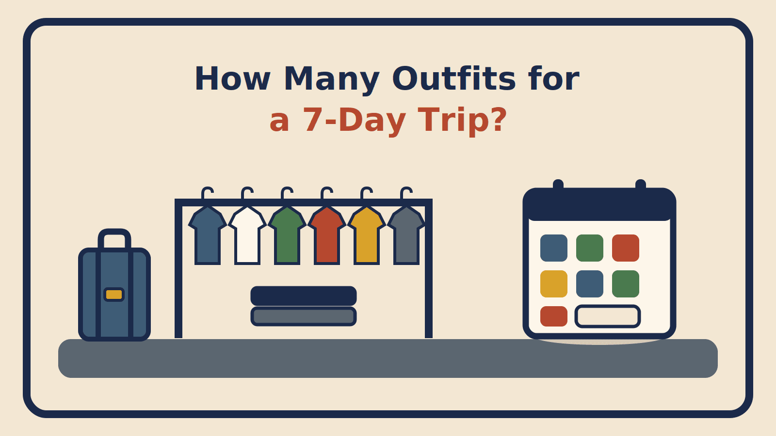 Six tops on a garment rack above two folded bottoms, beside a suitcase and a calendar showing a week