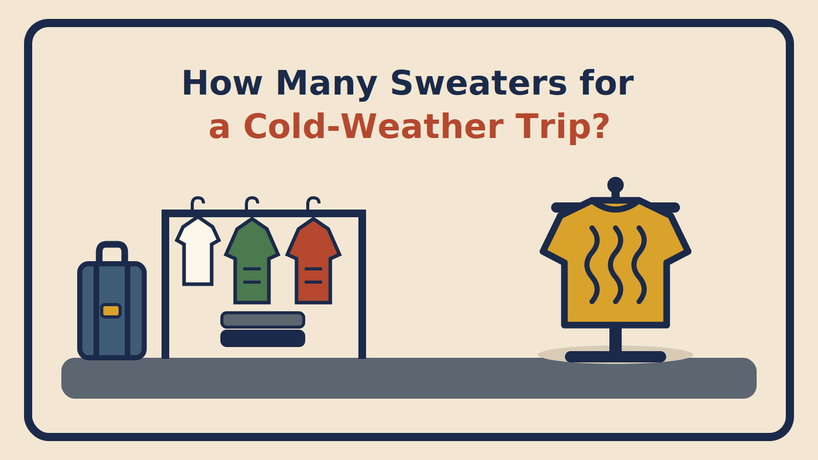 A base layer tee and two thin sweaters on a garment rack beside a suitcase, with one chunky knit airing on a stand
