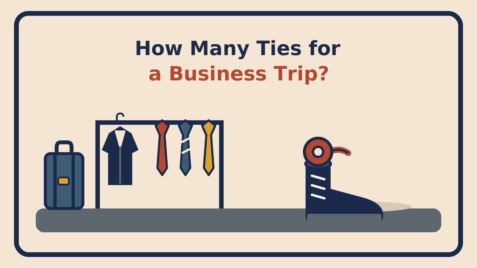 A suit jacket and three ties on a garment rack beside a suitcase, with a rolled tie tucked into a shoe