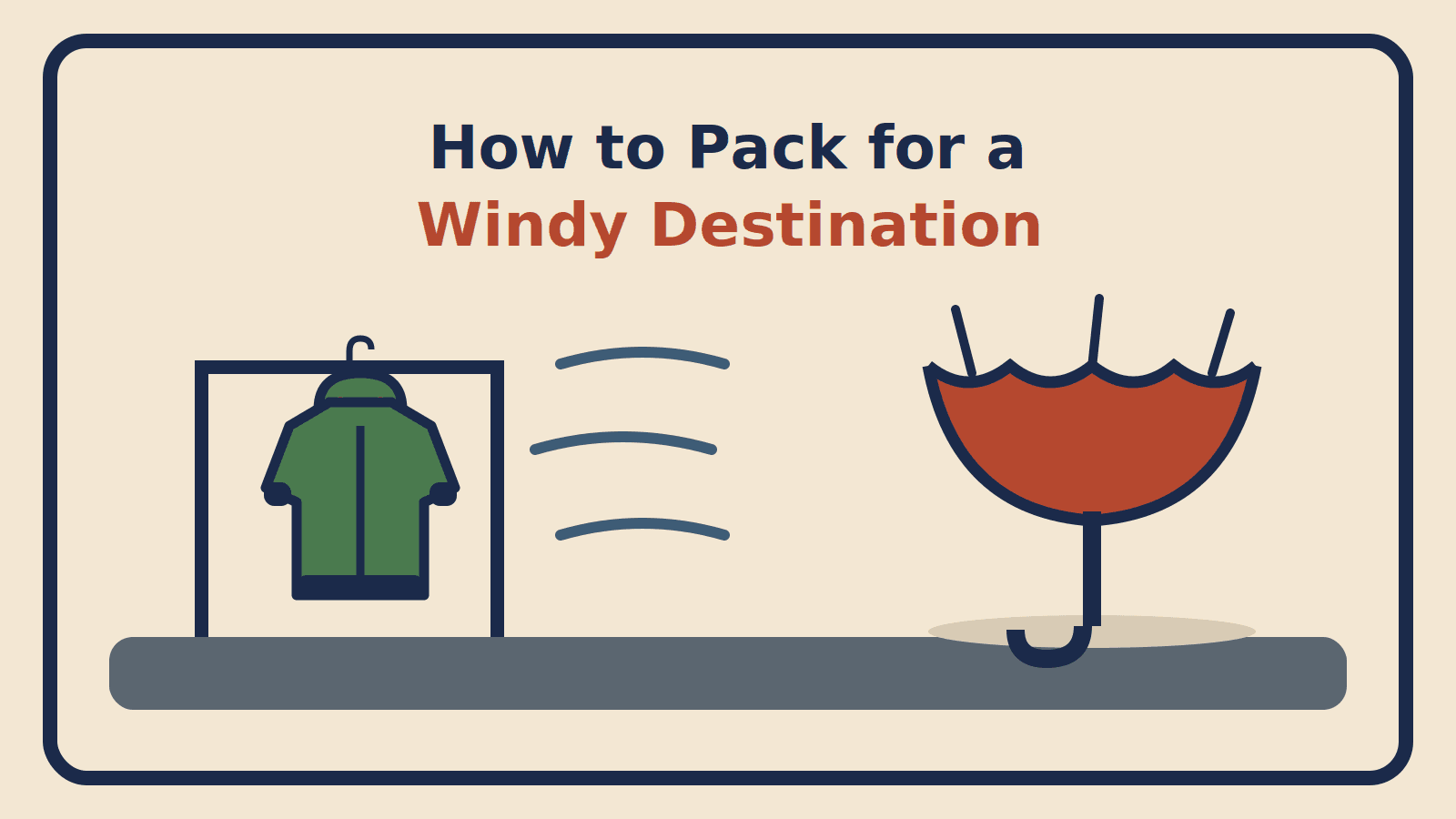 A hooded shell with cinched cuffs and hem on a garment rack, wind lines, and an umbrella blown inside out