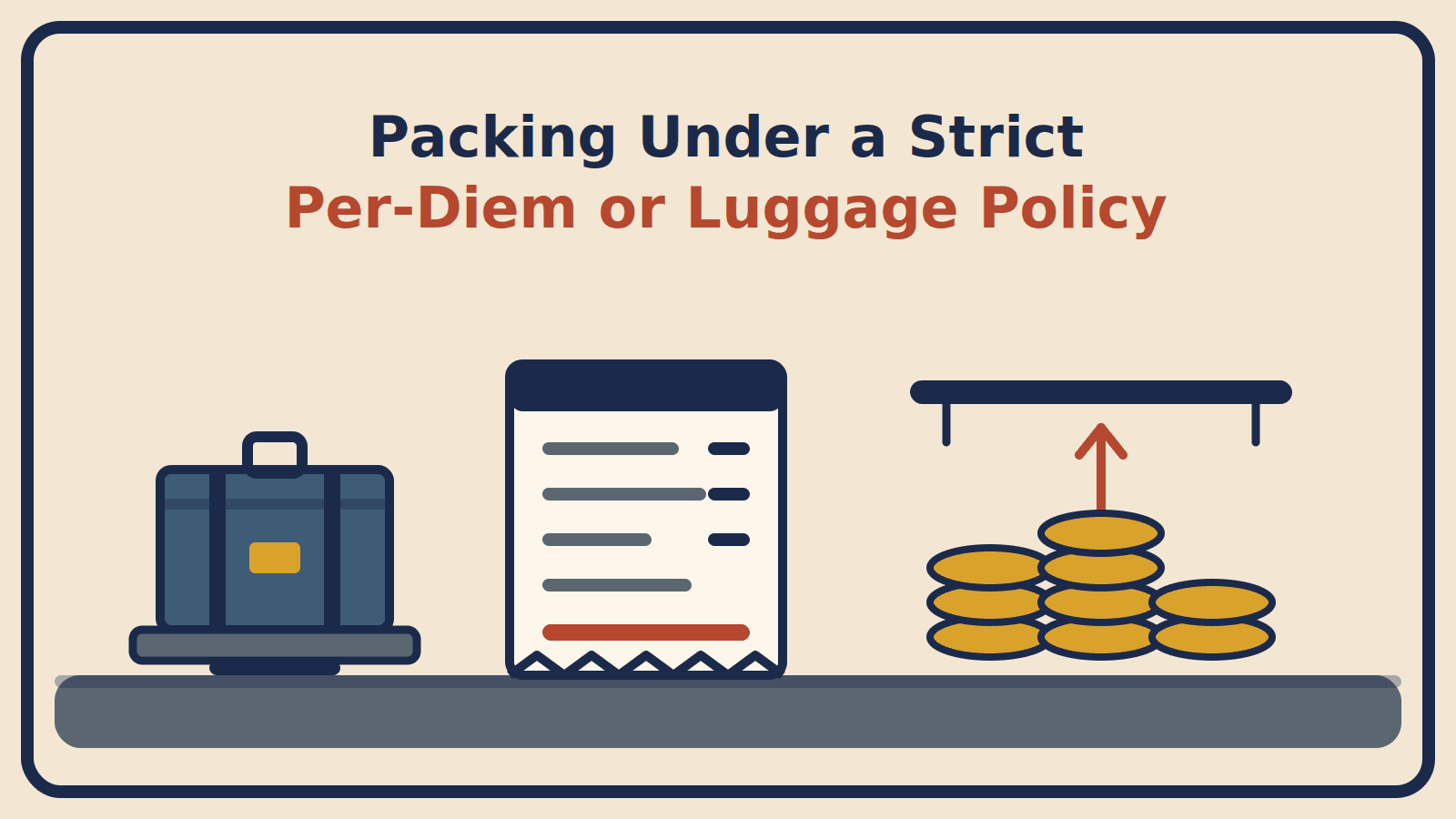 Illustration of a carry-on on a scale, an expense form, and a stack of coins pressing against a ceiling bar, with the title Packing Under a Strict Per-Diem or Luggage Policy
