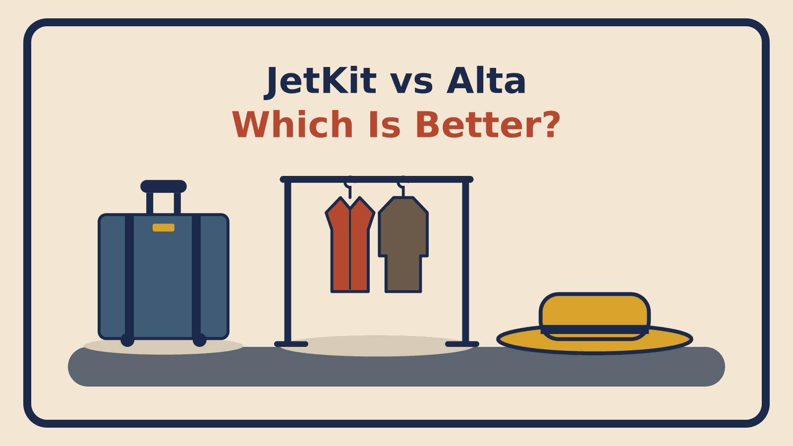 A suitcase and a garment rack beside a wide-brim hat, standing on a floor bar