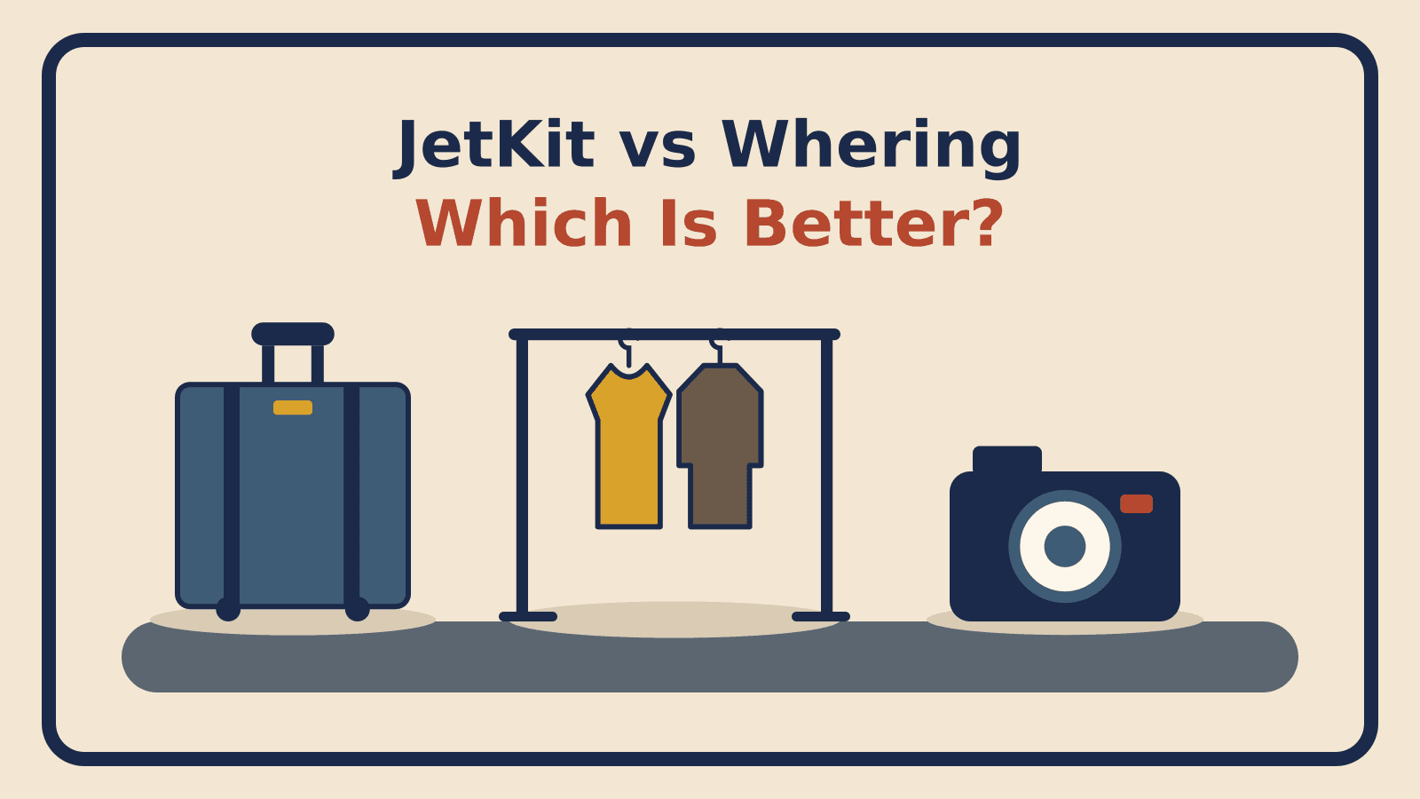A suitcase and a garment rack beside a camera, standing on a floor bar