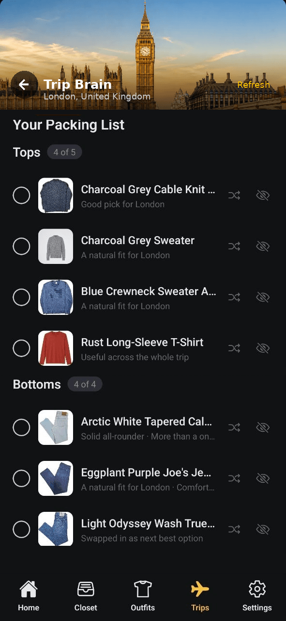 Trip Brain packing list for London