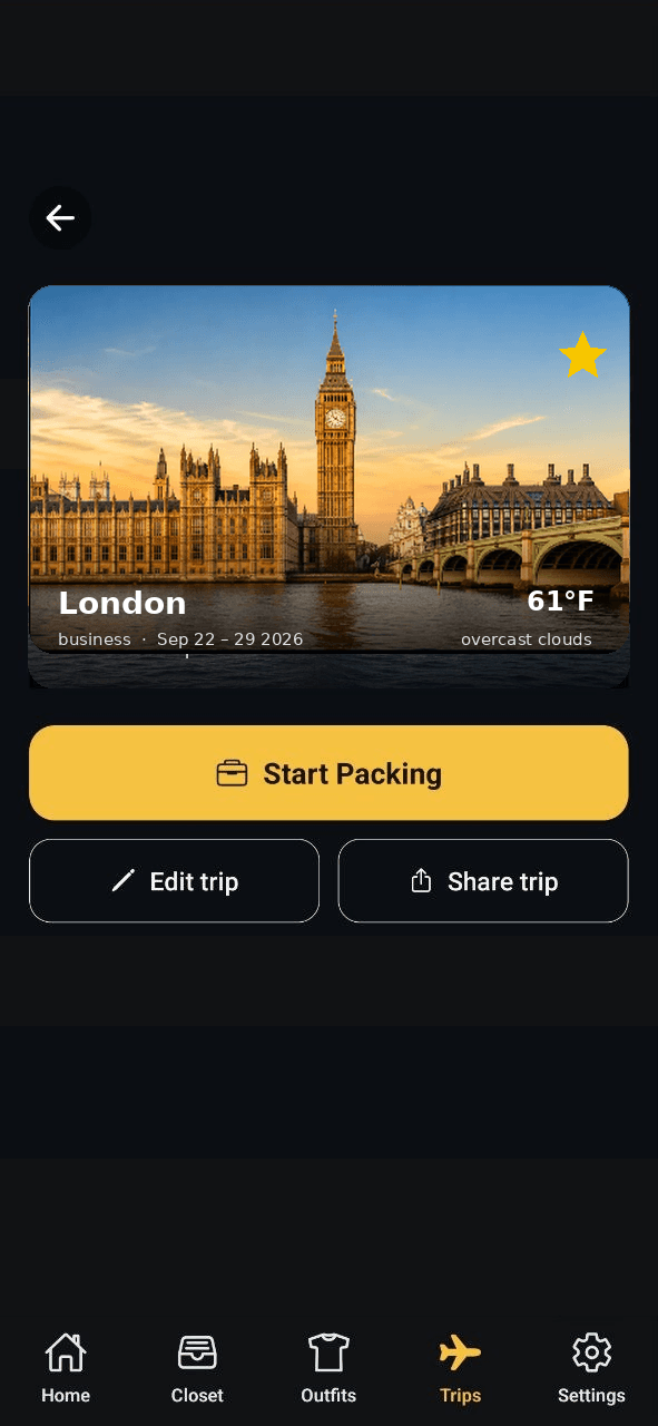 Trip details for London: start packing