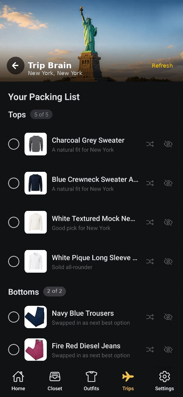 Trip Brain packing list built from your closet