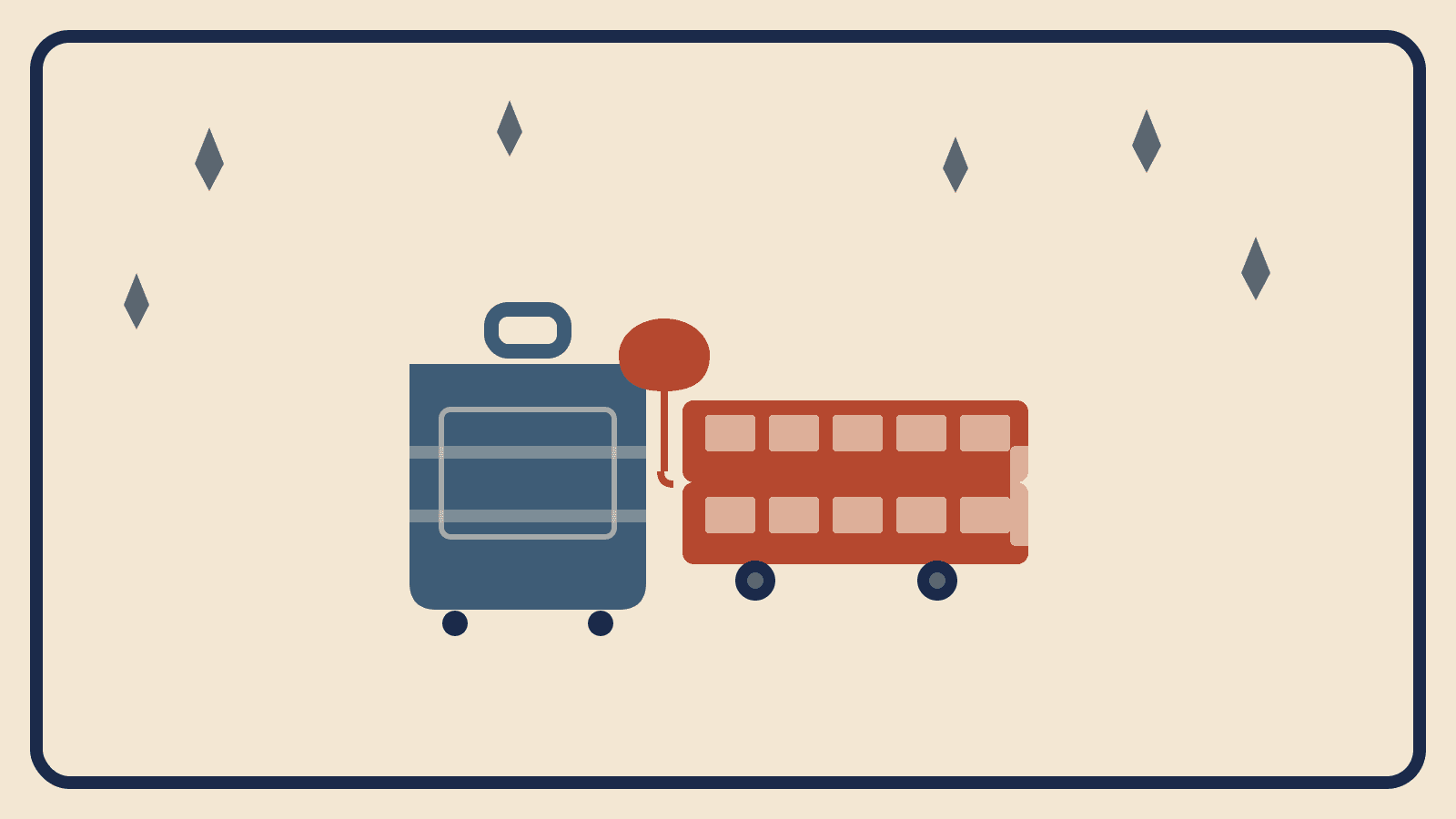 Flat geometric suitcase illustration with a rust-red double decker bus silhouette and slate-gray angular raindrops above