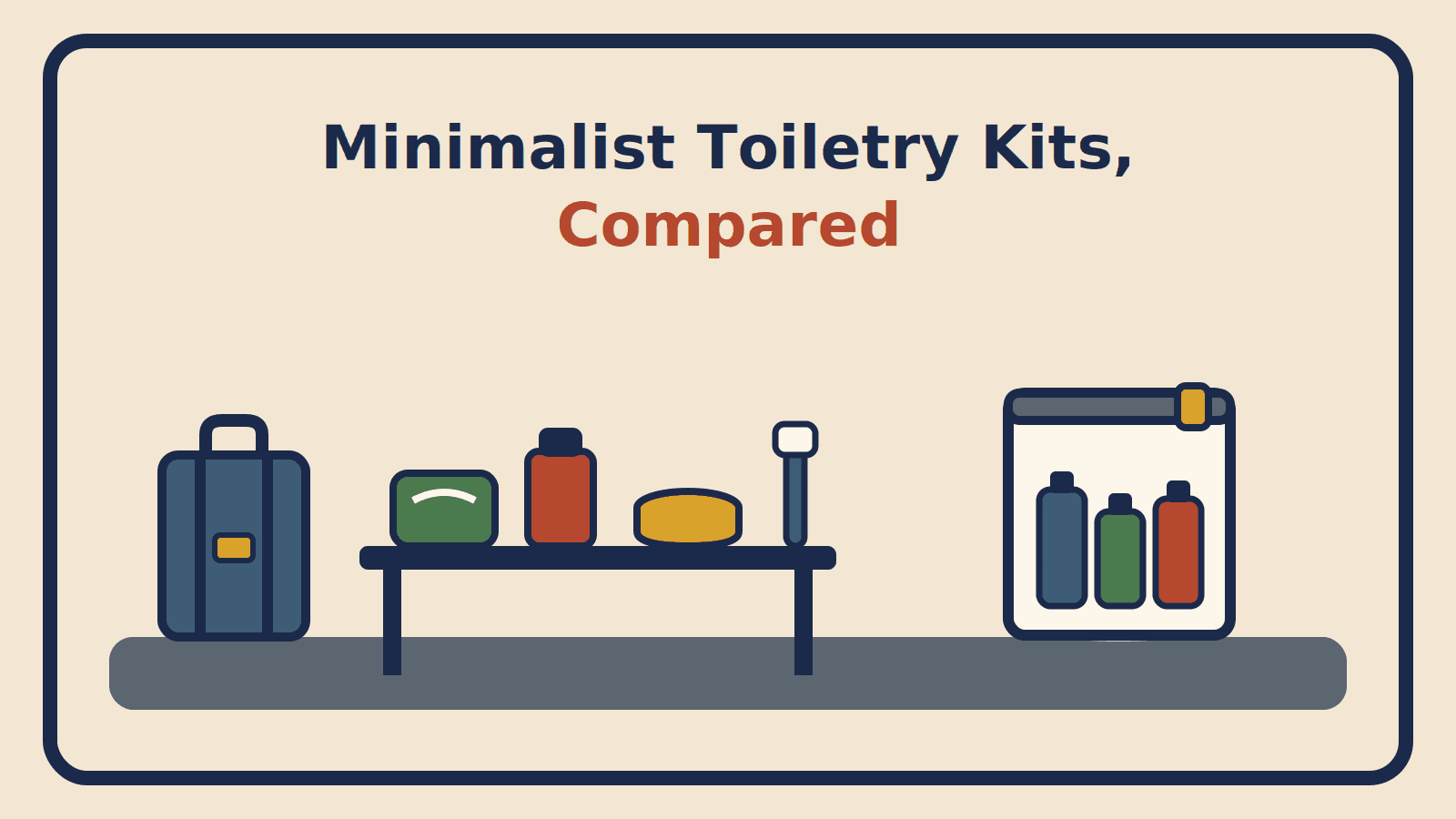 Solid shampoo bar, stick deodorant, tablet tin and toothbrush on a counter beside a suitcase and a clear quart liquids bag