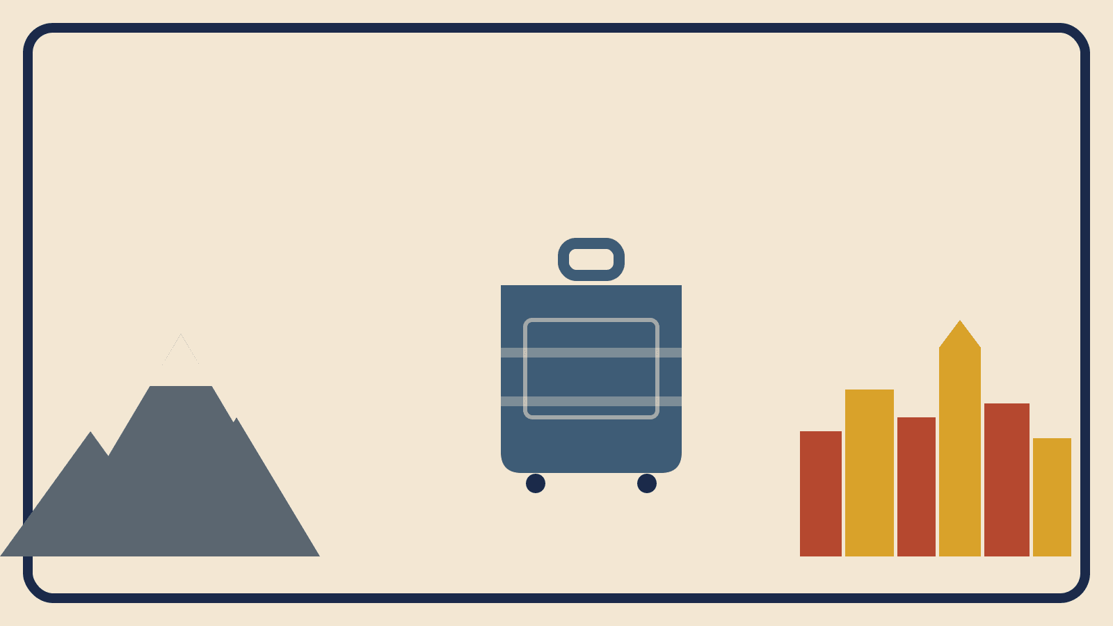 Flat geometric suitcase illustration split between slate-gray mountain peaks on one side and a rust-red and mustard city skyline on the other