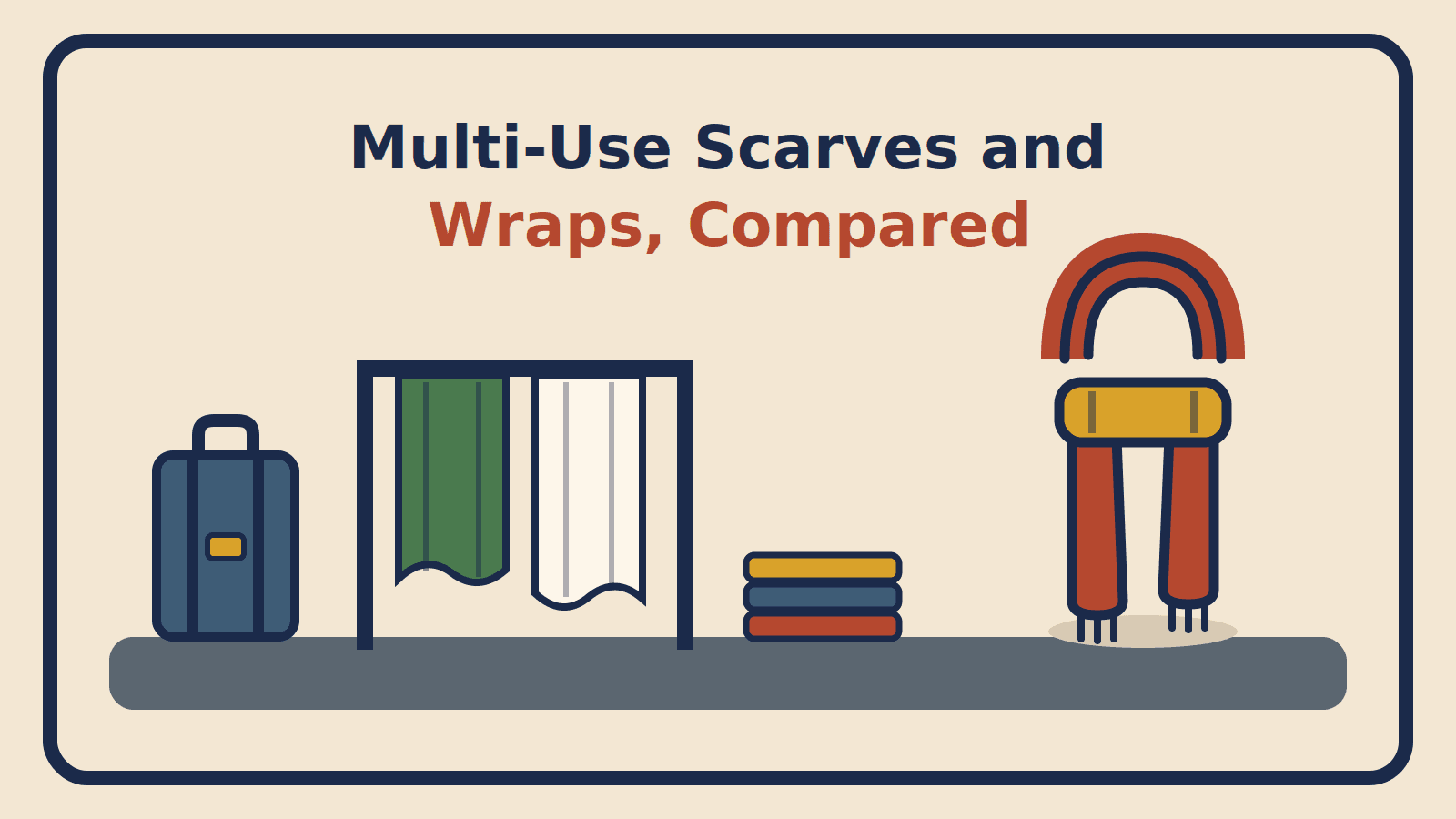 Two draped wraps on a garment rack beside a folded stack, a suitcase, and a knotted scarf