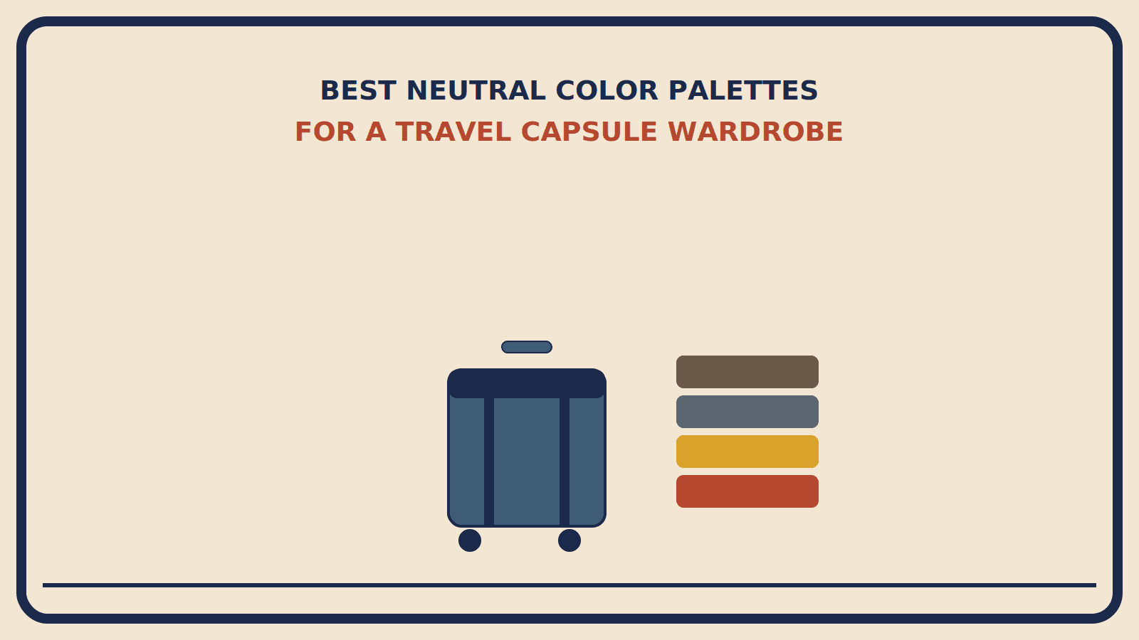 Suitcase beside a folded stack of coordinated clothing in muted brown, slate gray, mustard, and a rust-red accent piece on top