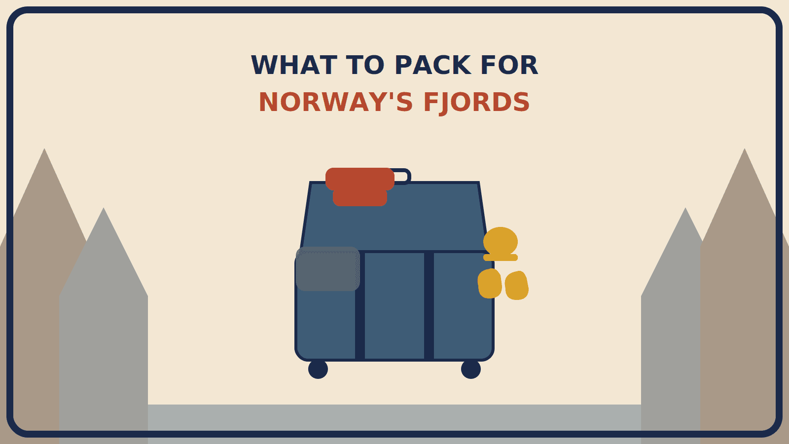 Open suitcase with a rust-red waterproof shell folded on top, a mustard-gold beanie and gloves beside it, and a merino top underneath, set against tall fjord cliffs