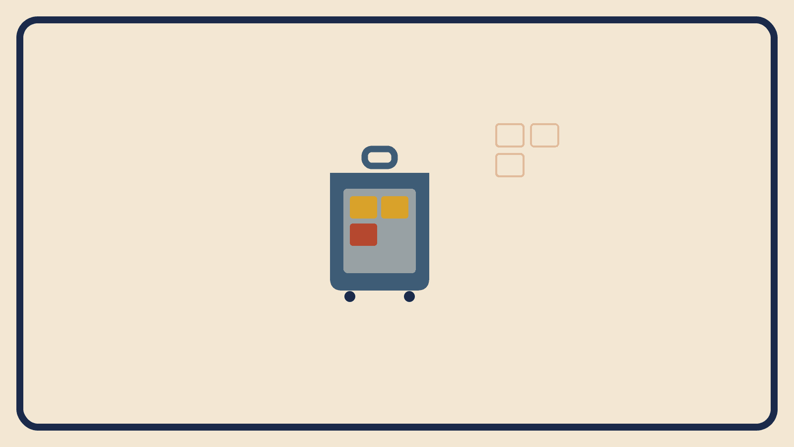 Flat geometric illustration of a small compact suitcase with a sparse mustard and rust-red clothing arrangement and visible empty space inside