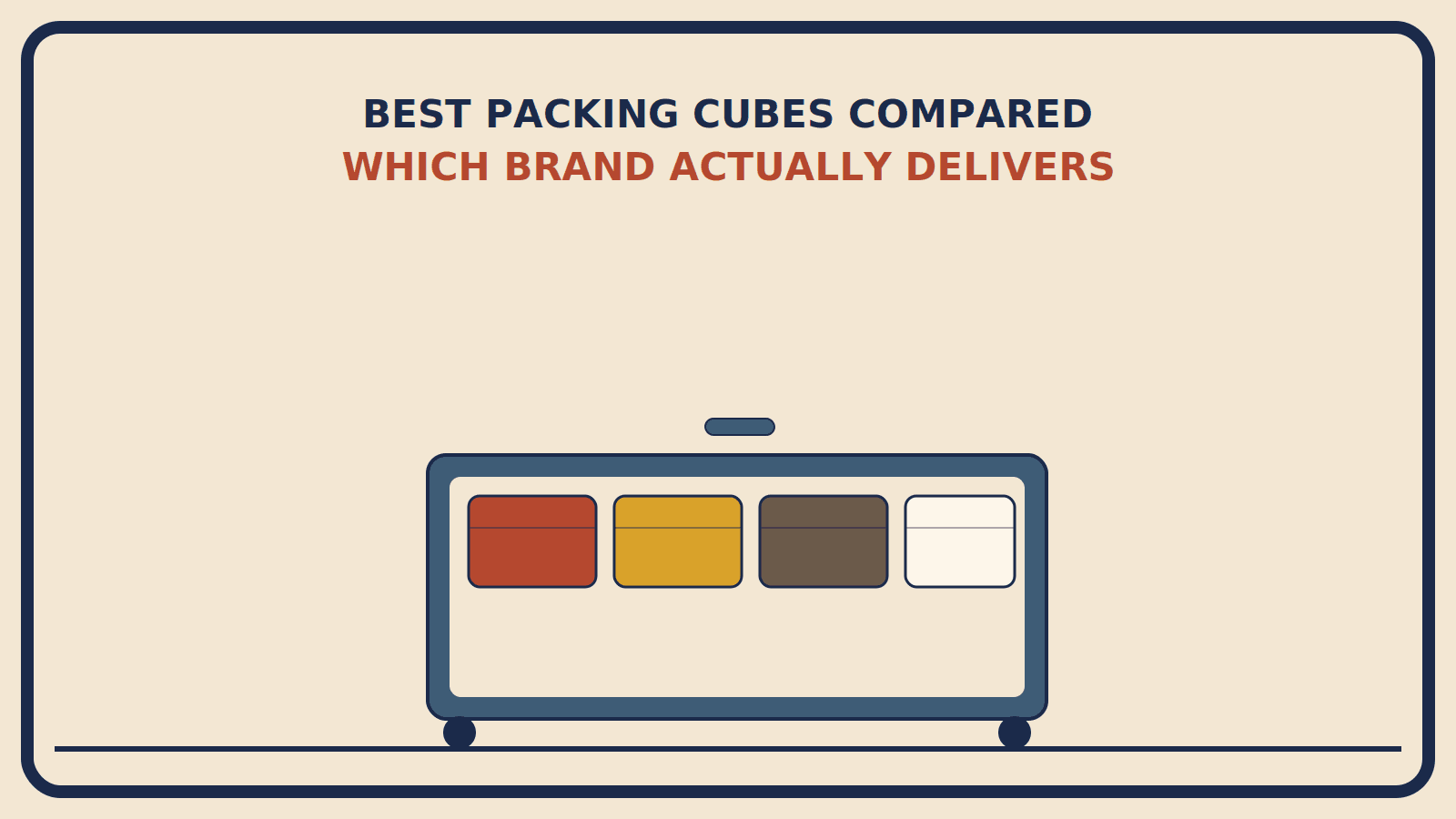 Open suitcase with four packing cubes inside in rust-red, mustard, muted brown, and cream, representing four different packing styles
