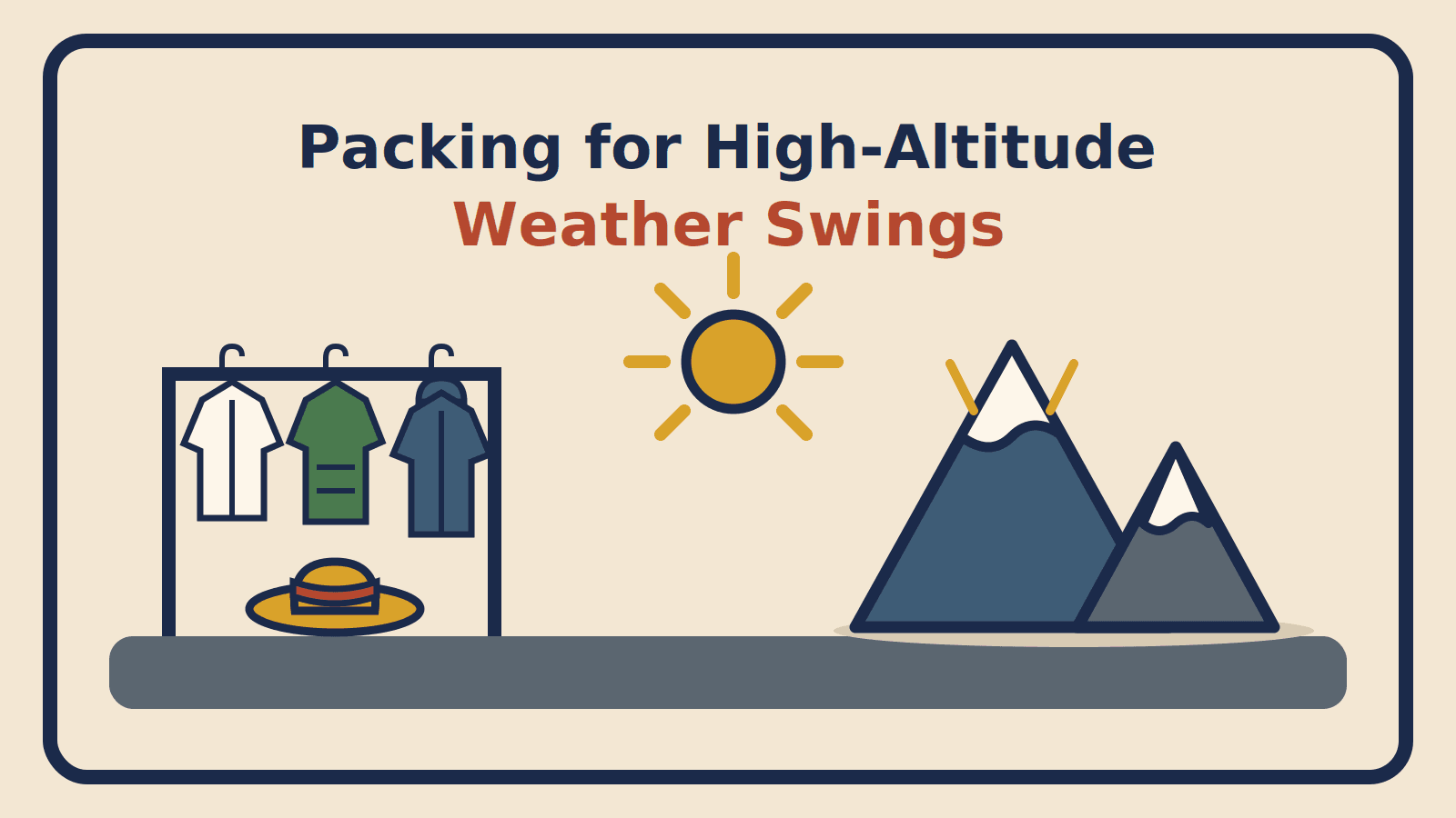 A sun shirt, fleece and wind shell on a garment rack with a brimmed hat, beside a strong sun and snow-capped peaks
