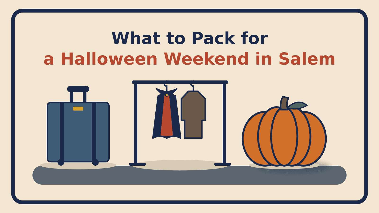 A steel suitcase, a garment rack with a navy cape and a brown knit, and a large pumpkin on a slate floor bar