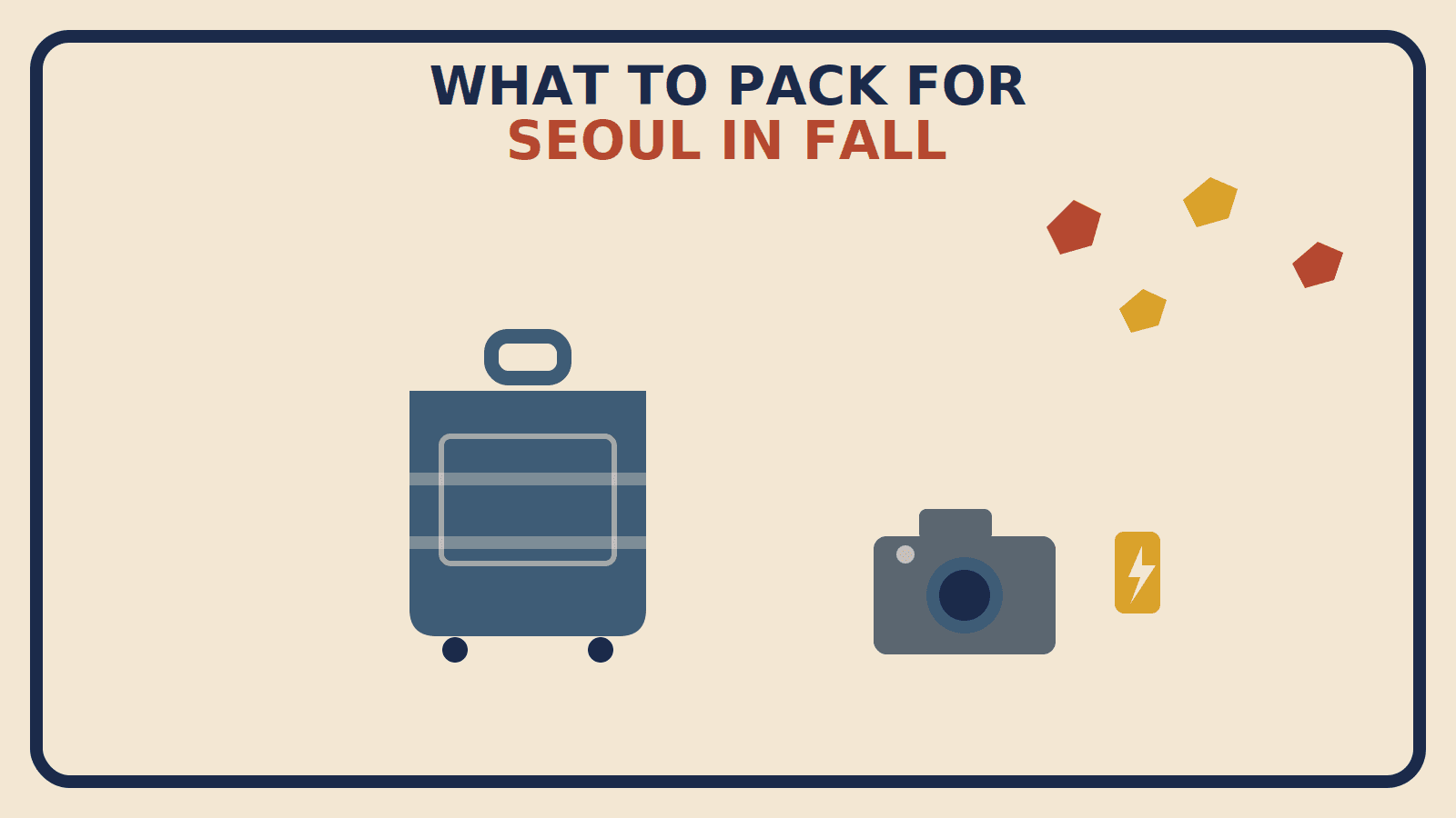 Flat geometric suitcase illustration with rust-red and mustard maple leaves and a slate-gray camera silhouette, titled What to Pack for Seoul in Fall
