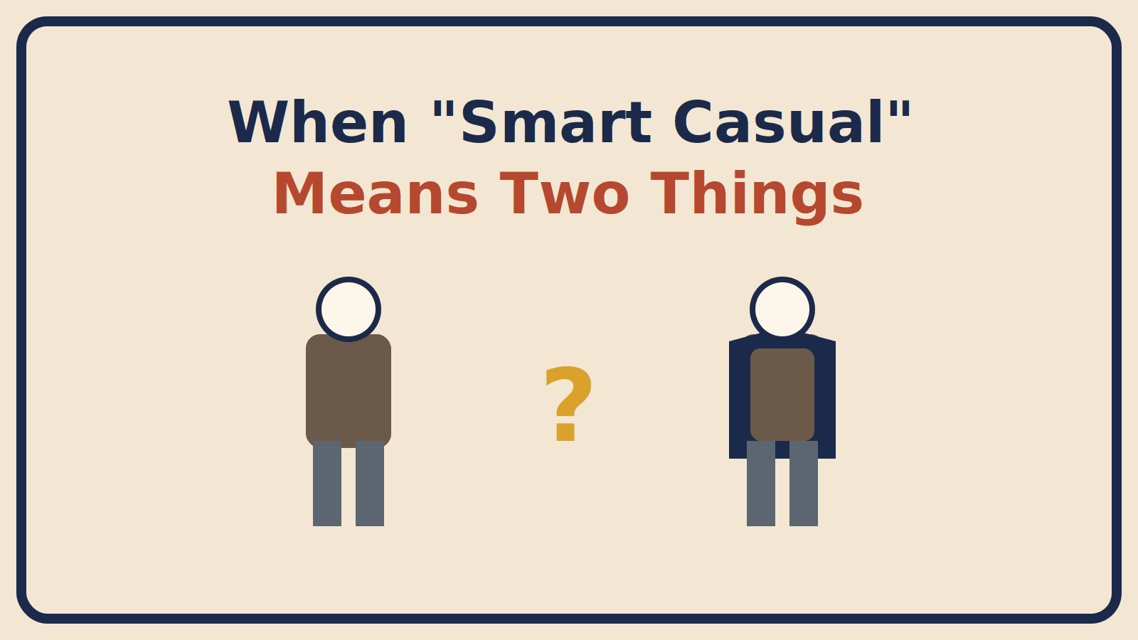 Two figures side by side illustrating the same outfit with and without a blazer, for a packing guide about the smart casual dress code