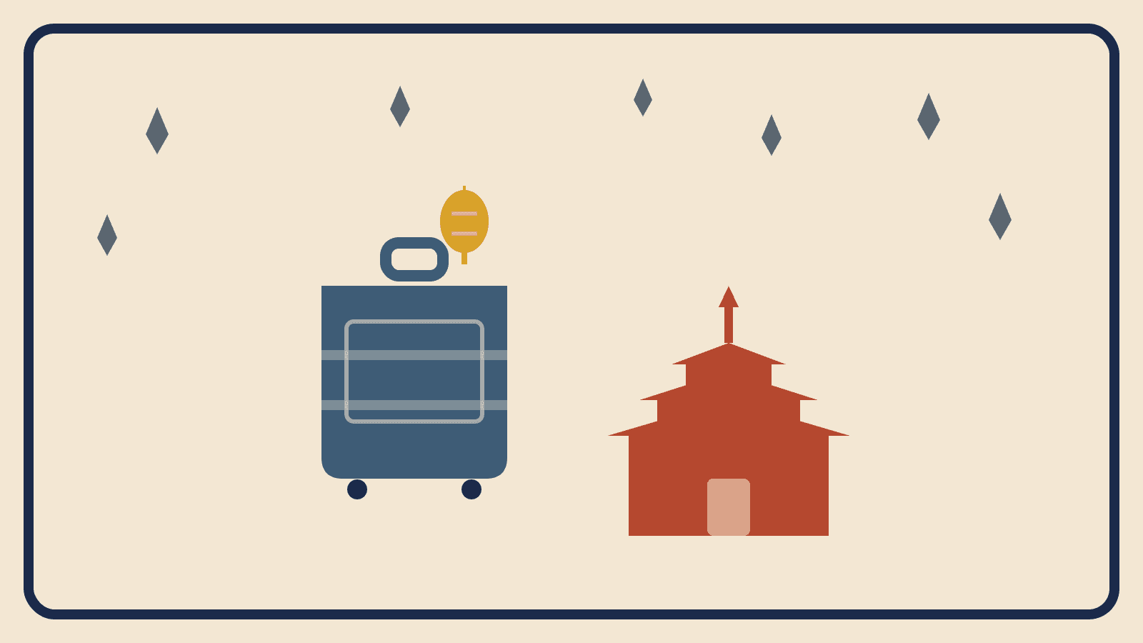 Flat geometric suitcase illustration with a mustard lantern, a rust-red temple roofline, and slate-gray raindrops above